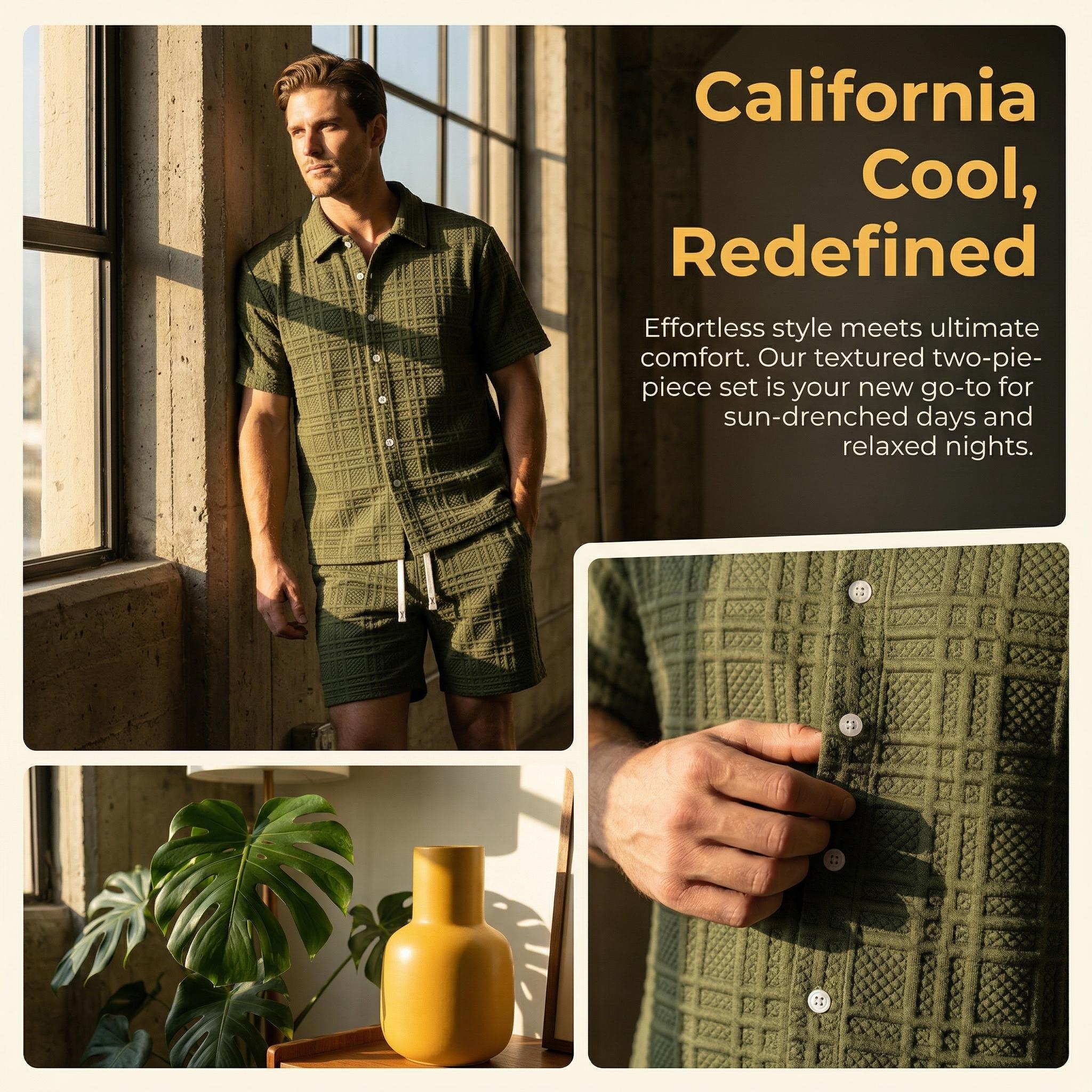 Men's 2 Piece Outfit, Textured Knit Button Down Shirt & Shorts Set for Summer