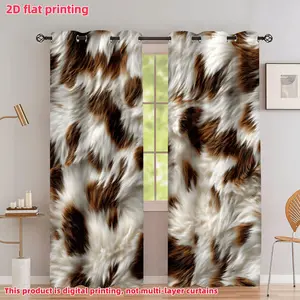 2D Flat 2Pcs Faux Cowhide Print Semi-Shade Curtains with Grommets, Boho Farmhouse Style Window Drapes, Animal Pattern Home Decor for Living Room, Bedroom, Dining, and Balcony, Privacy Protecting Accessory