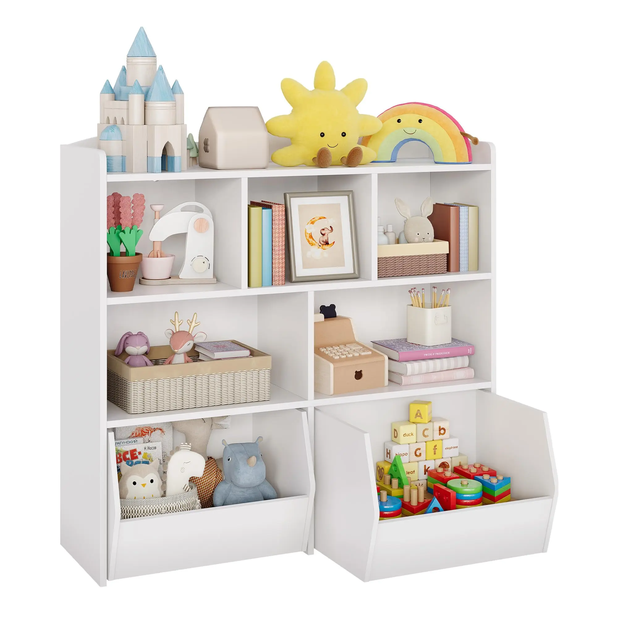 Garvee Toy Storage Organizer with Movable Drawers, Bookshelf with Hidden Wheels, and 5 Open Cubbies - Multifunctional Floor Storage Chest for Playroom Organization and Easy Access