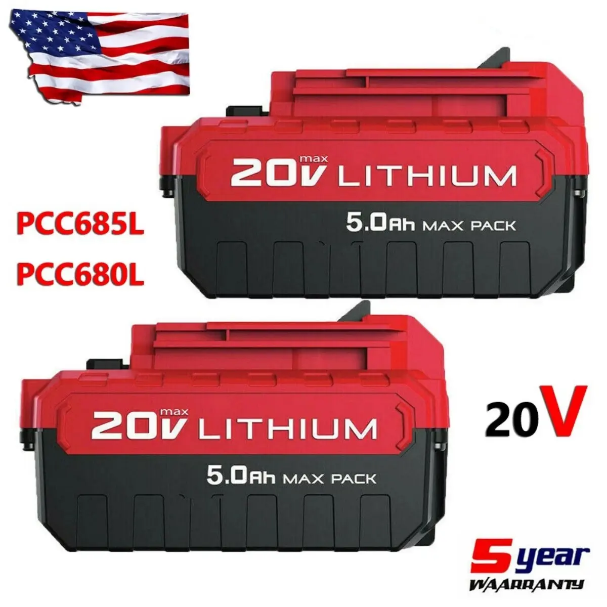 2-Pack 20V 5.0Ah Lithium-Ion Replacement Batteries for Porter Cable 20V PCC685L, PCC680L Power Tools