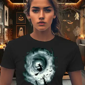 Halloween Witch Tornado Women's T-Shirt, Bats Spooky Tee Top, Halloween Party Costume Apparel