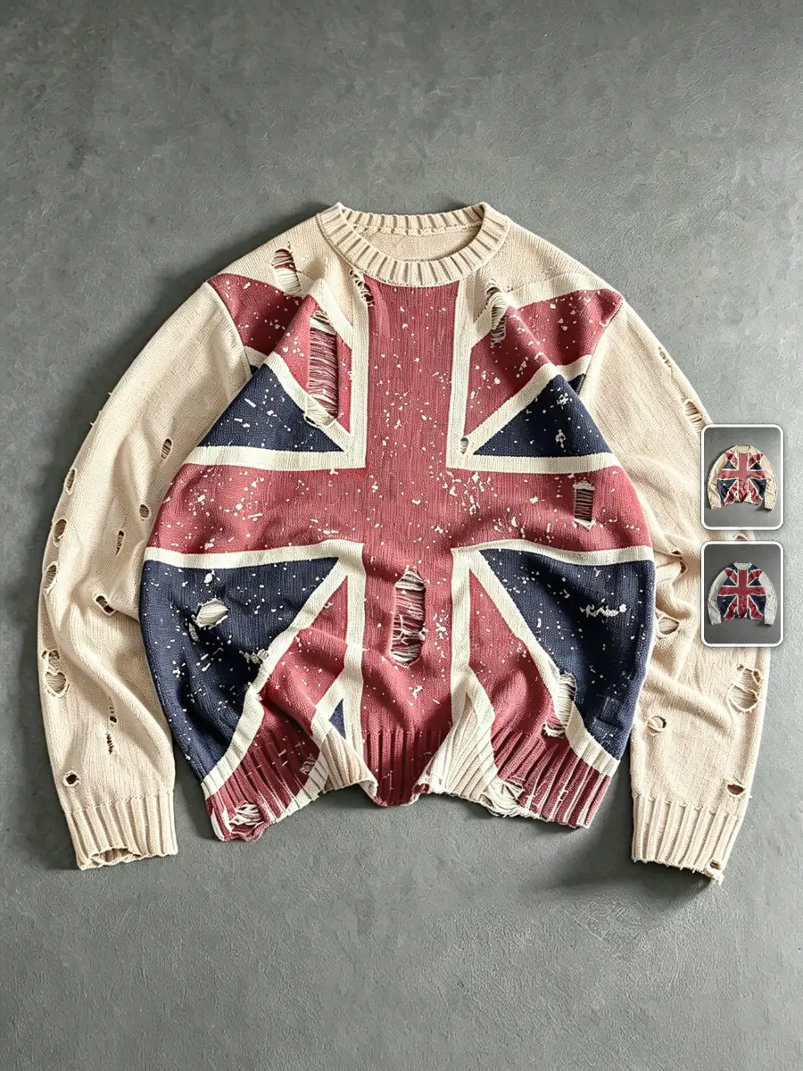 LALUZ Distressed Men's Patchwork Sweater Flag Patch Autumn Winter Casual Fashion Tee