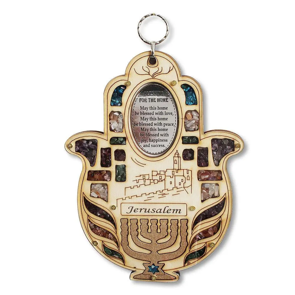 Handcrafted Wooden Hamsa with Menorah, 5.5x5.5in Precious Stone-Adorned Religious Home Decor & Room Accessories
