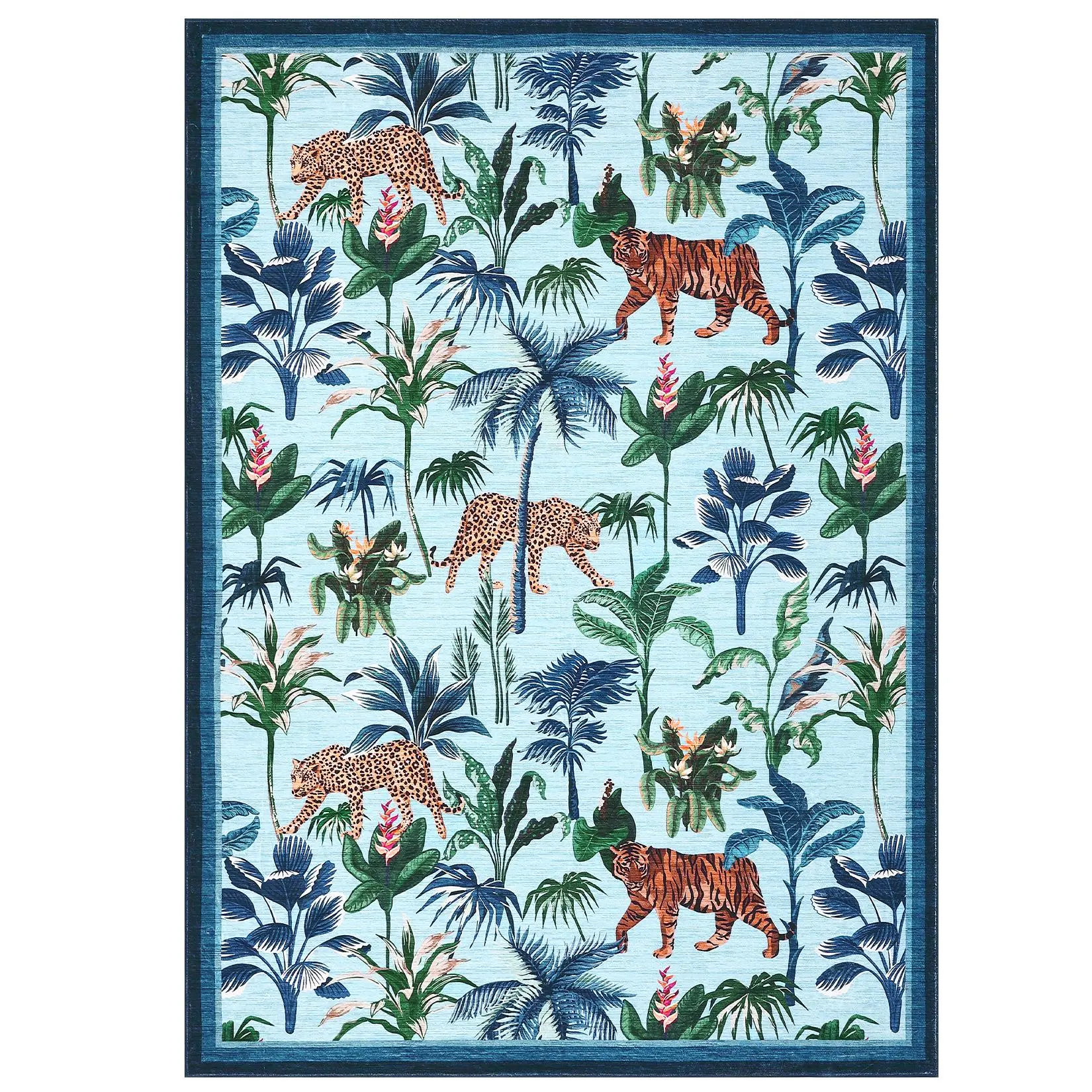 【Christmas Gift】9 x 12 ft Polyester Cashmere Imitation Blue Rectangular Hallway Bathroom Entryway Kitchen Office Foldable Jungle Tiger Leopard Printed Modern Washable Area Rug