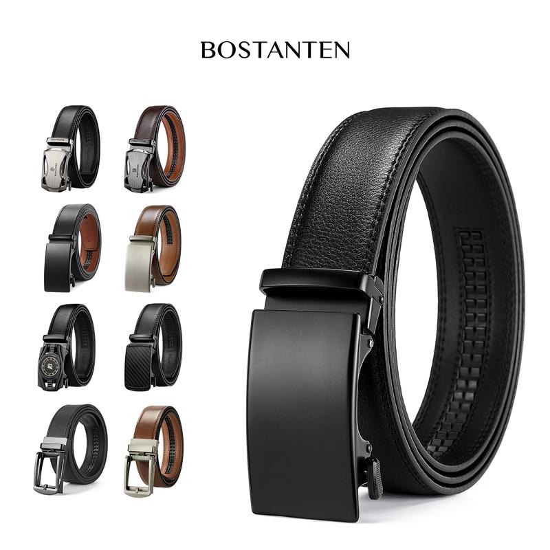 [Valentine's Day Gift] BOSTANTEN Mens Belt Leather Ratchet Easy Release Belt For Men Designer Belt Dress and Casual with Adjustable Buckle for Men's Wear Gift Textured Fathers Gift