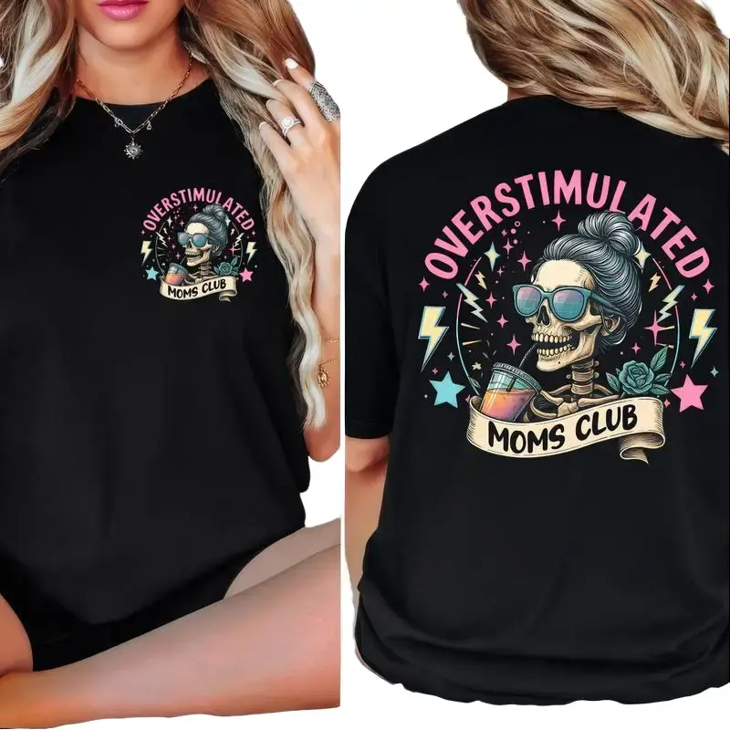 Women's Cotton Crew Neck Short-Sleeve 2-Sided Skeleton Mama T-Shirt - Breathable Simple Everyday Tops for Overstimulated Moms, Mother's Day Gift to Pair with Jeans, Summer Casual Street Wear, Shortsleeve, Comfortable, Women's Clothes, T Shirts For Women