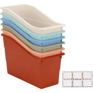 6 Pcs Book Storage Bins with Labels, Plastic Folder Magazine File Holder, Small Caddy Organizer for Office School Home Table Storage Supply Container