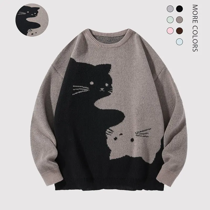 Men's Baggy Cat Print Sweater, College-Style Long Sleeve Knit Pullover for Autumn and Winter Casual Wear, Mens Gifts Men's Baggy Cat Print Sweater, College-Style Long Sleeve Knit Pullover for Autumn and Winter Casual Wear, Mens Gifts