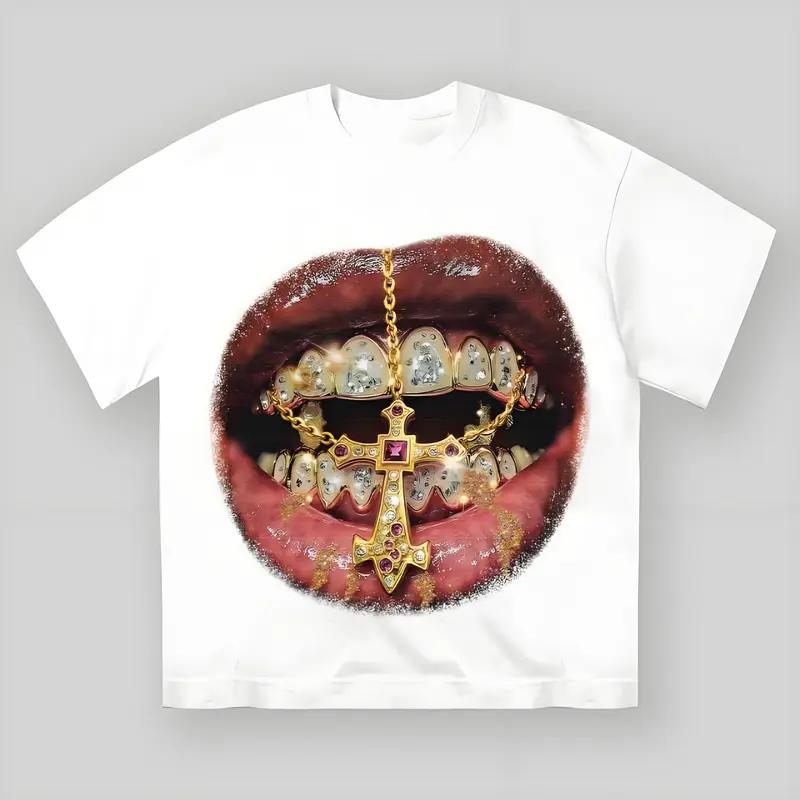 High Quality Gold Cross Diamond Patch Checkered Printed Y2k Black T-shirt Classic Fashion Alternative Aesthetic Breathable Cotton