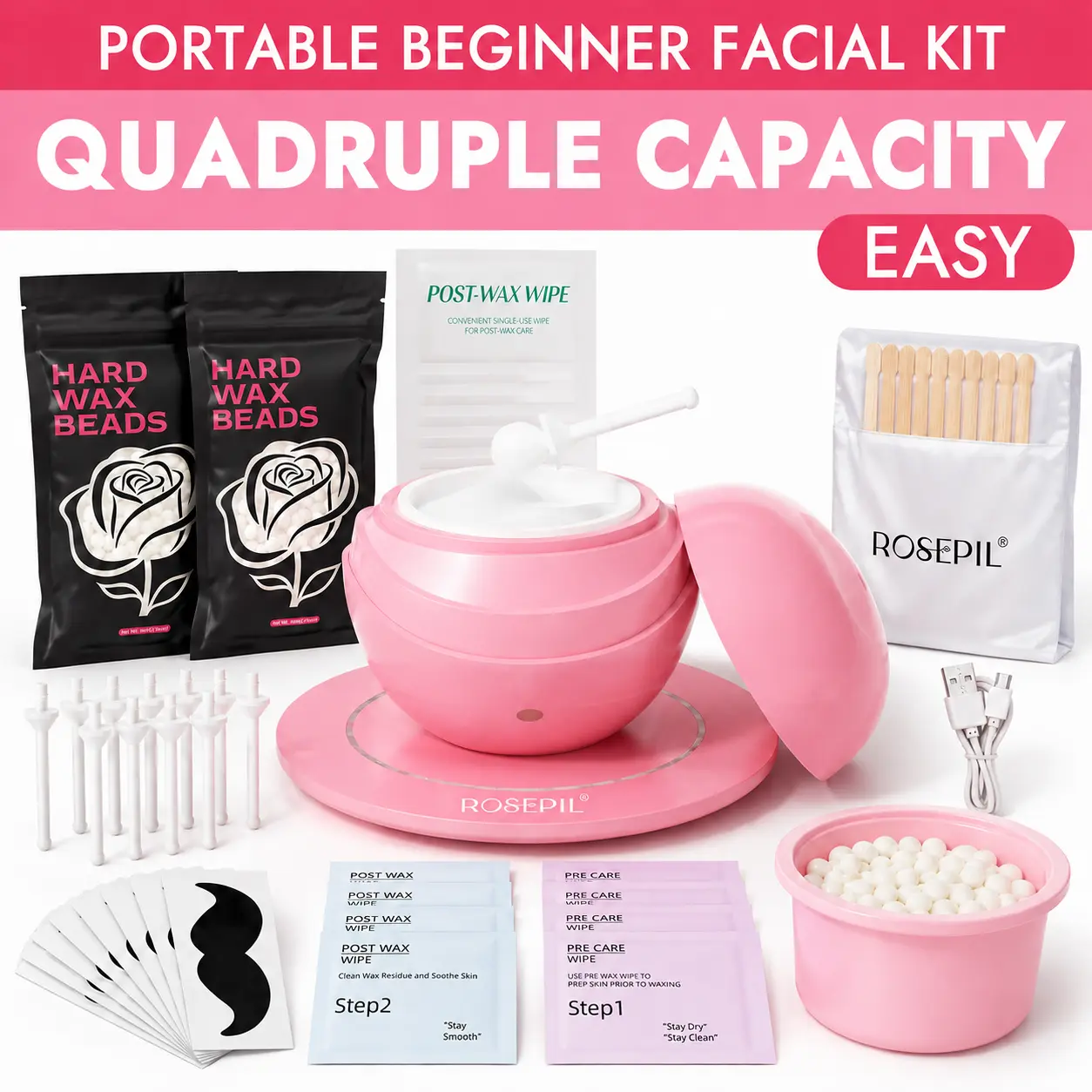 ROSEPIL Unisex Mini Nose & Underarm Hair Removal Wax Kit | 100 g wax beads suitable for facial nostrils, brow area, small spots, and full-body hair removal | USB portable design with base, disc-style pink Hard Wax Kit Body Care