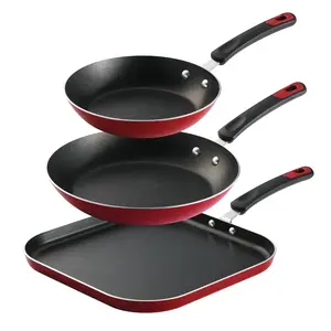 everyday 3 pc aluminum nonstick fry pan and griddle set – metallic red