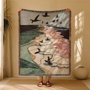 Seagull Pattern Bohemian Yarn Jacquard Woven Blanket with Tassel, Thick Soft Washable Throw Blanket, Soft Warm Blanket, Used for Home Decor Sofa Chair Bed Tapestry Tablecloth Floor Garden Picnic Outdoor Camping