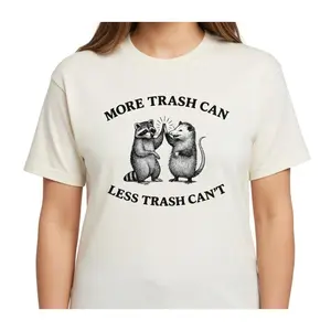 Funny Raccoon Possum Shirt More Trash Less Trash Can't Graphic Tee for Summer Casual Cartoon Style Fitted Crew Neck Short Sleeve Medium Length Ultra-Soft Comfy Fabric Unisex Tees - Womenswear