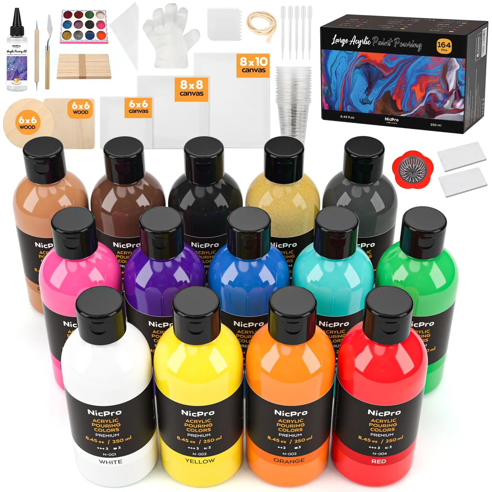 Nicpro Acrylic Paint Set Supplies Kit - Large-Volume Premixed High-Flow Bulk Paints, Canvas, Natural Wood Slices, Pouring Oil, Gloves, Strainer, Cups for Beginner DIY, Acrylic Paint Set Acrylic Paints
