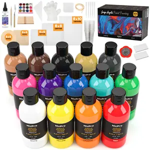 Nicpro Acrylic Pour Paint Supplies Kit, Large Volume Premixed High Flow Painting Bulk Set with Canvas, Wood Natural Slices, Pouring Oil, Tools Gloves, Strainer, Cups for Beginner DIY