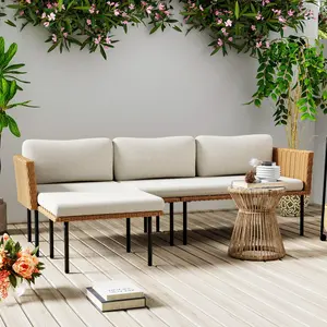 3-Piece Patio Furniture Set, L-Shaped Outdoor Sectional Sofa with Thick Cushions, All-Weather Rattan Conversation Set, Boho Style Detachable 3-Seater Lounger (Beige)