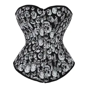 Vintessa Women's Sexy Satin Floral Boned Overbust Corset Top Lace up Back Underbust Body Shaper, skull-live2 overbust corset top
