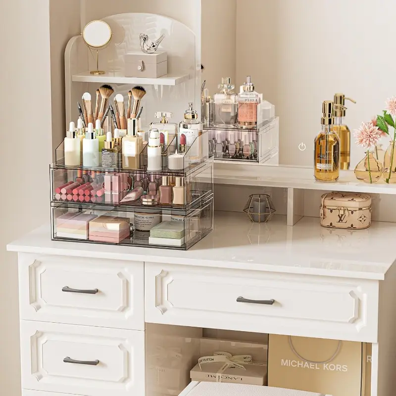 Clear Stackable Cosmetics Organizer with Drawer, 12''W Acrylic Storage Drawers, Cosmetic Display Case for Vanity Bathroom Countertop, Beauty Holder for Lipstick Brush Skincare Perfume, Cosmetic Organizers