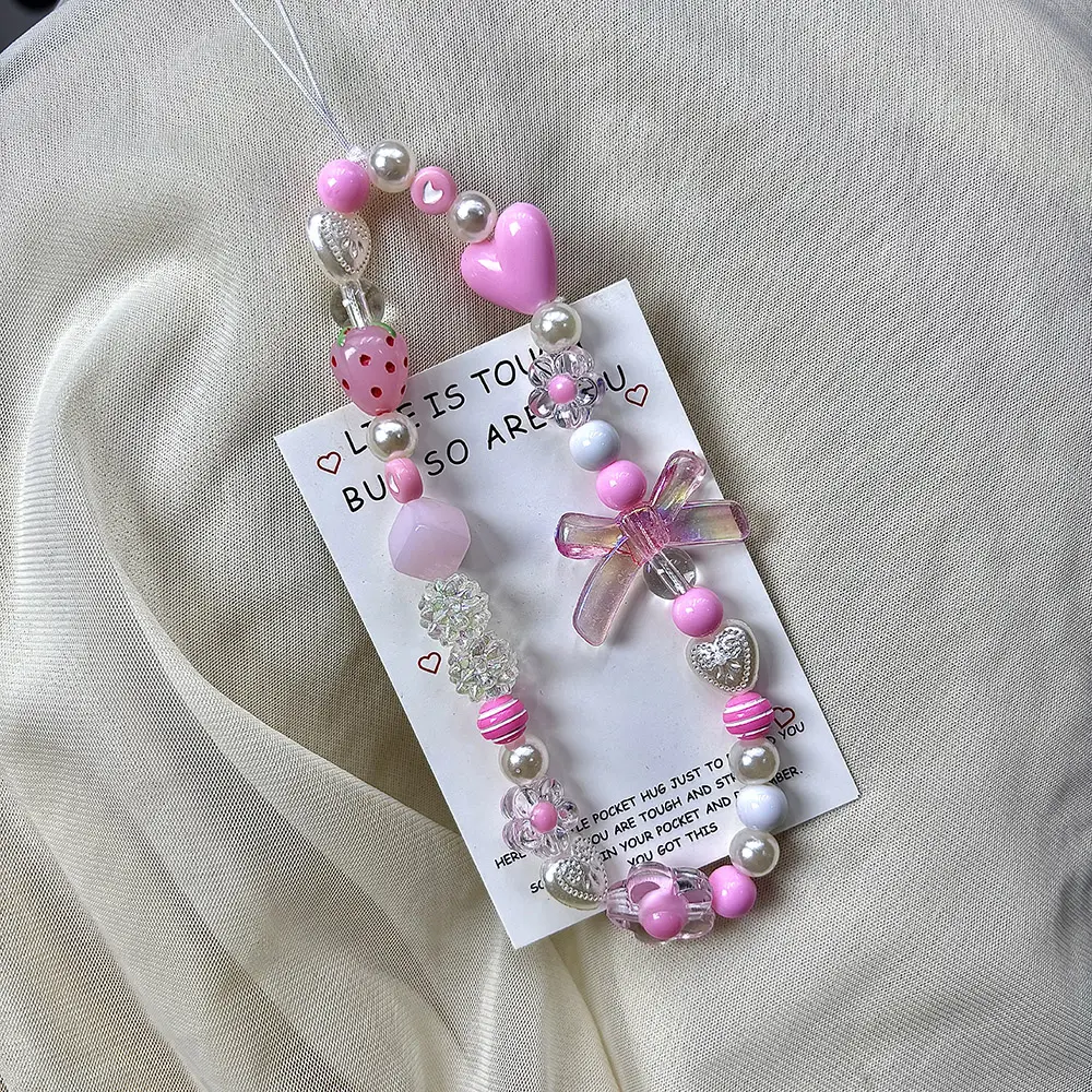 Bow Strawberry Flower Beaded Strap, Style Short Ccd Camera Chain, Phone Case Lanyard, Phone Charms, Cute Accessory for Women, Phone Accessories Charm, Cell Phone Charm
