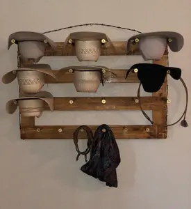 9C Cowboy Hat Rack Handcrafted Wooden Organizer Rustic Western Hat Display Space-Saving Home Decor Made in USA 38" Wide 24" Tall 10" Deep Hanging Hook