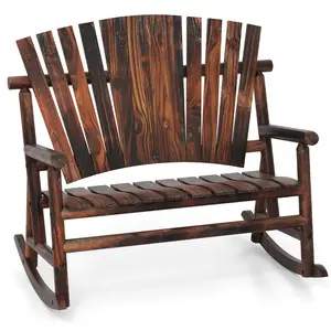 COSTWAY - Outdoor Adirondack Rocking Chair for Adults with High Back and Slatted Seat-Brown