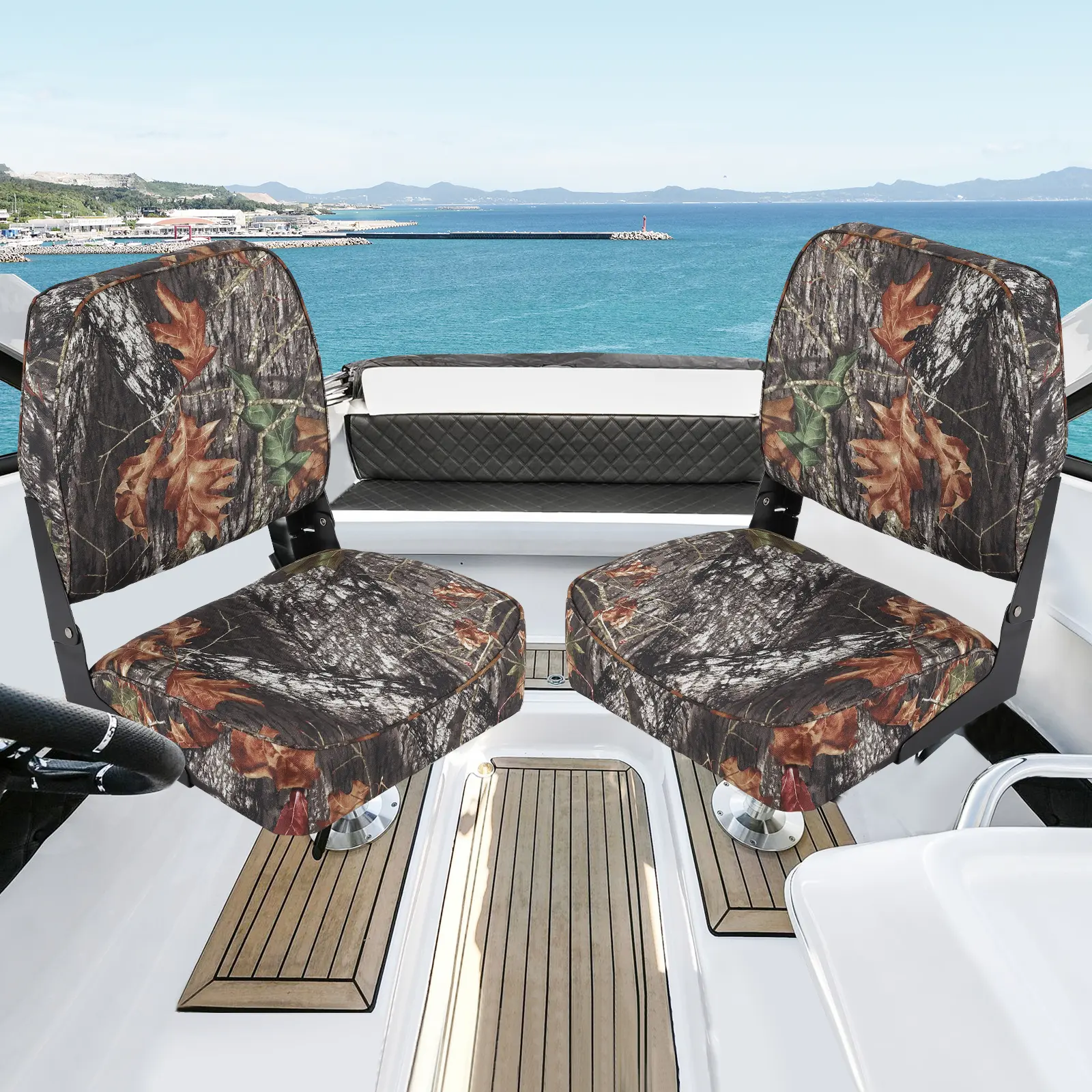 2 Pack Low Back Folding Boat Seats, 19"x16.5" thick elastic cushion, waterproof camouflage fishing seats for speedboats and sightseeing boats
