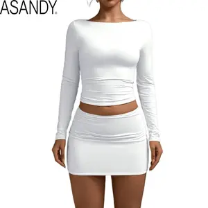 ASANDY Women Y2K Boat Neck Long Sleeve Crop Top High Stretch Double Layer Fitted T Shirt Casual Yoga Workout Spring Summer