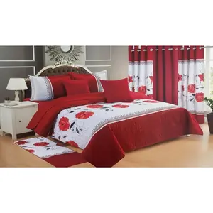 Size Quilt 12 count Set Floral Bedding with Matching Curtains Fitted Sheet Red