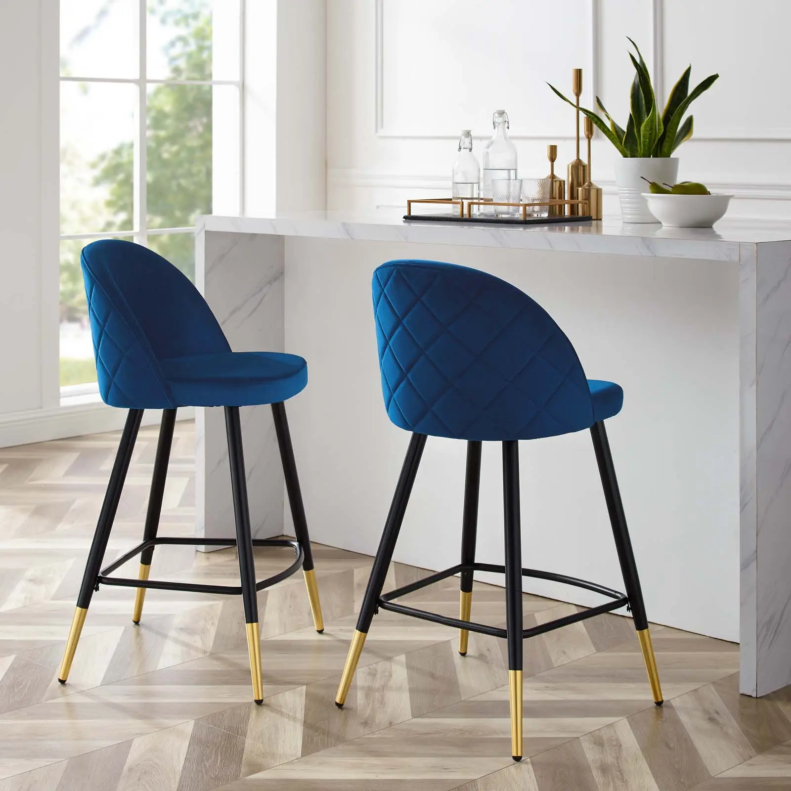 Modway Cordial Performance Velvet Counter Stools - Set of 2 in Navy