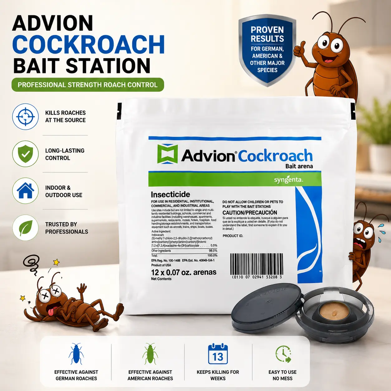 Advion 68663 Cockroach Gel Bait Arena 12ct Bag Cockroach Bait Station,German Roach Insect Pest Control, Indoor and Outdoor Use, Roach Killer Gel for American, German and Other Major Cockroach Species