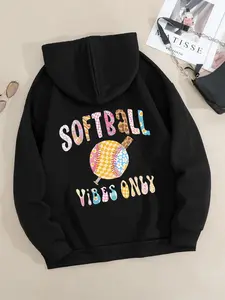 Women's Letter & Softball Print Pocket Hoodie, Casual Long Sleeve Hooded Sweatshirt for Fall & Winter, Women's Clothes for Daily Wear