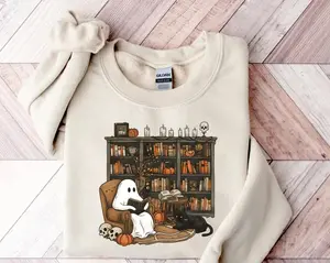 Retro Ghost Reading Books Sweatshirt, Librarian Ghost Halloween, Halloween Teacher Sweatshirt, Halloween Shirt, Teacher Gift, Boo School | 001