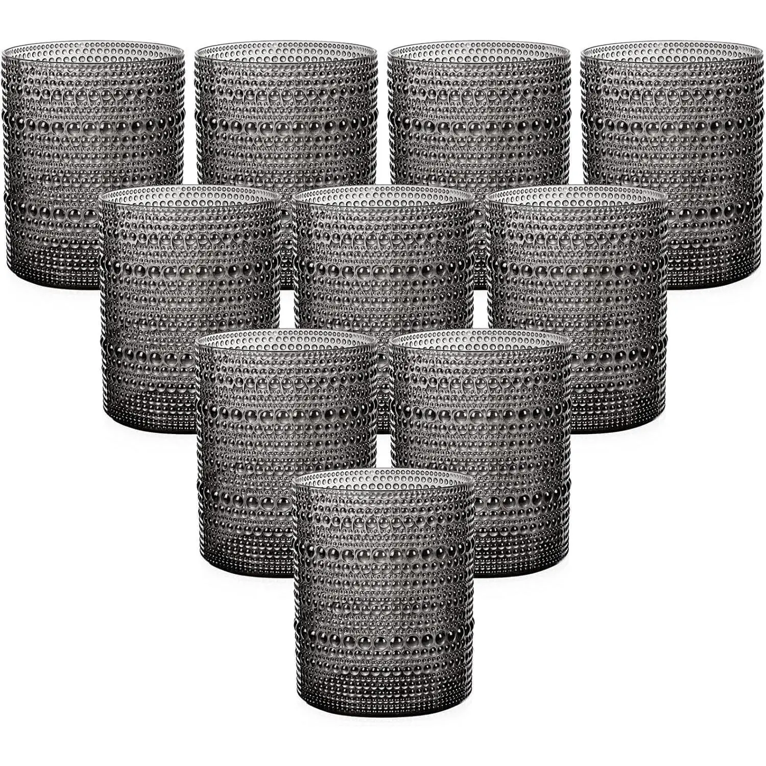Waveports Plastic Drinking Glasses - 14OZ Black Hobnail Drinkware Glasses - Vintage Glassware Textured Beaded Cups for Water, Beer, Whiskey, Juice and Various Mixed Drinks for New Years