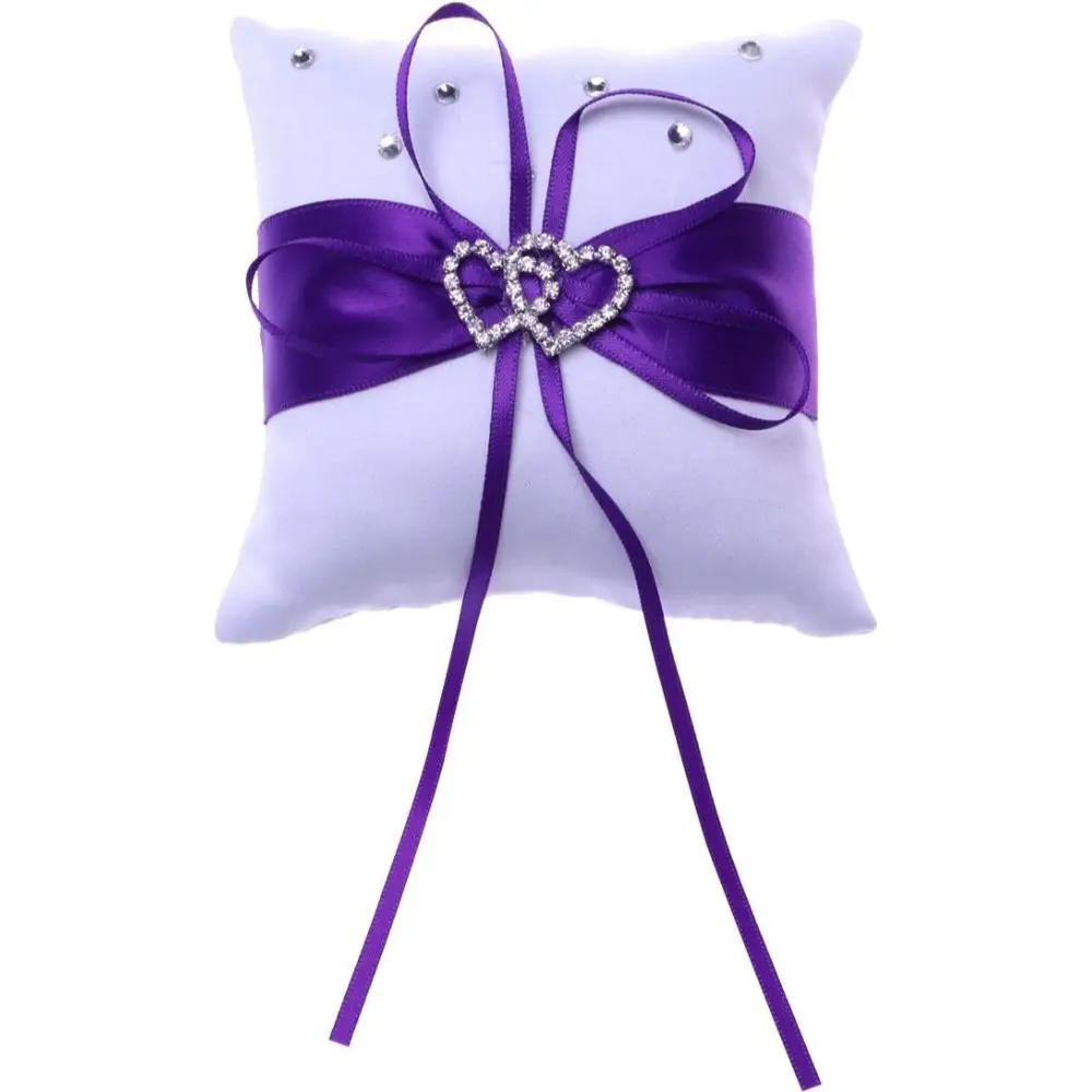 Wedding Ring Pillow, 4 x 4Inch Purple Bridal Ring Bearer Holder Cushion Double Heart Wedding Ring Box Wedding Accessories Decoration Supplies