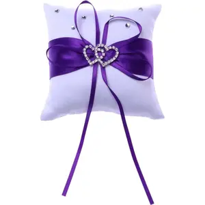 Wedding Ring Pillow, 4 x 4Inch Purple Bridal Ring Bearer Holder Cushion Double Heart Wedding Ring Box Wedding Accessories Decoration Supplies