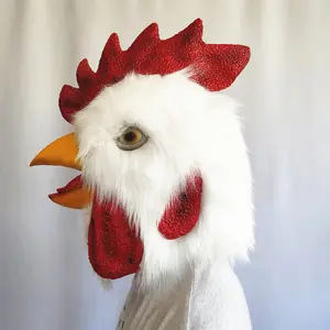 White Furry Rooster Head Cover Funny Animal Dress Up Costume Cosplay Mask
