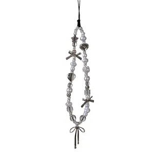 Silver gray bow artificial pearl string phone chain fashion phone case and earphone cover pendant universal accessory lanyard cord, Cell Phone Charm