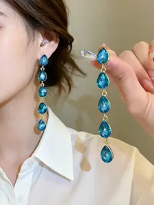1 pair of gorgeous sparkling blue five drop long hanging earrings, Dangle earrings, Fashionable Earrings, ladies' exaggerated style long earrings, suitable for wearing at cocktail parties