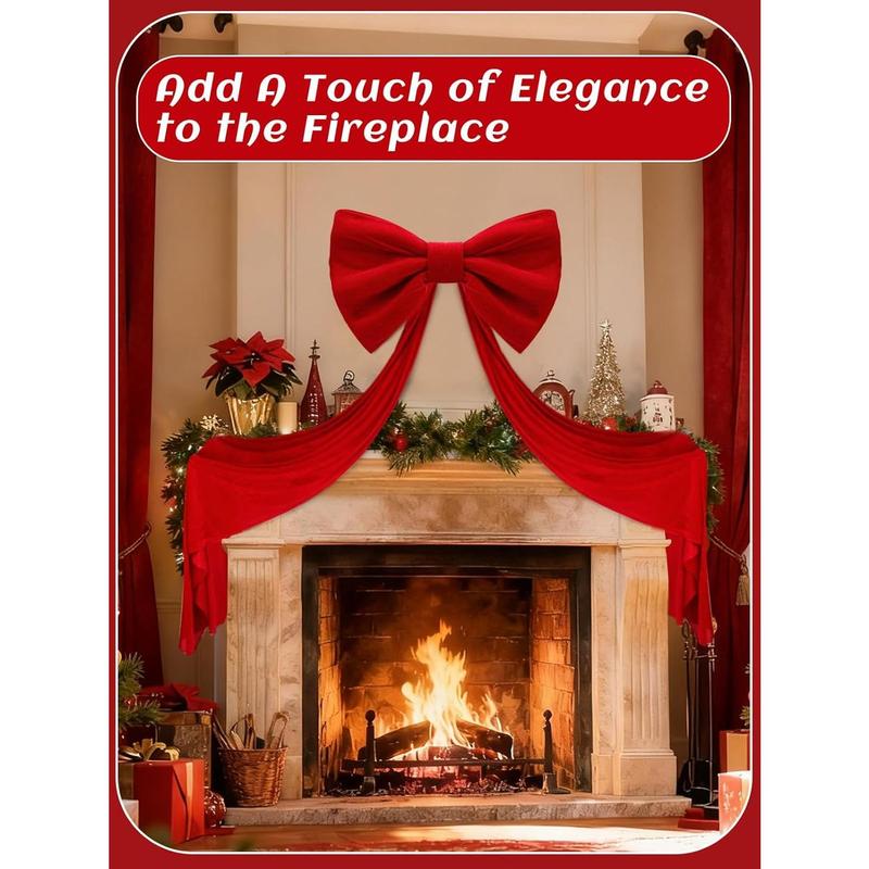 Giant Christmas Tree Topper Velvet Bow Decorations - 32x98in Large Plump & Structured Bows with Pearl Cotton Fill, Red Bow with Long Streamers for Indoor 6–7ft Christmas Tree Window Wall Decor