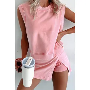 UPGROTH Women's 2-Piece Solid Color Pure Cotton Sportswear Set - 2026 Summer New Casual Short-Sleeve T-Shirt & 3-Quarter Pants for Sports & Outdoor Use