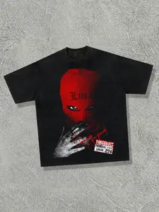 Gothic style short sleeved T-shirt for men, including cotton aesthetic shirt, woolen headband with portrait print, suitable for both men and women, trendy and casual street style, summer geometric line short sleeved, American retro Y2K