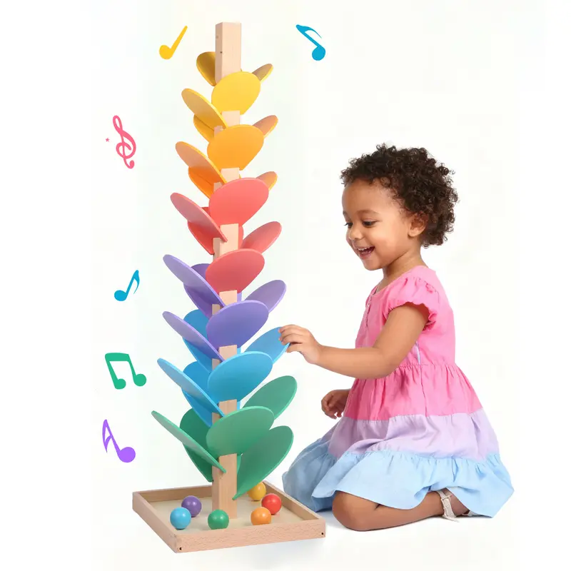 GOTOOFUN Natural Wood Marble Run Music Tree Montessori Kids Toy - Rainbow Hues Tumble Leaf Singing Tree, 12 Extra-Large 3cm Marbles, Glide-Smooth Tracks, 0.95" Thick Base, Easy Assembly, 8.66" Footprint, Color Sorting STEM Toy, Unique Cool Gifts,familyfun
