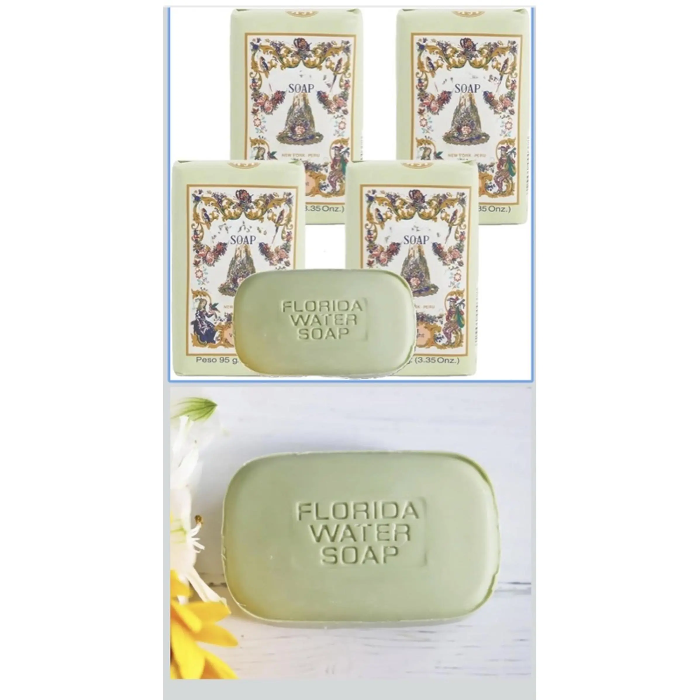 Pack of 4 Florida Water Soap - 95g Bar, Gentle Cleansing, Moisturizing, Ideal for Daily Use, Green Color, 4 Bars per Pack