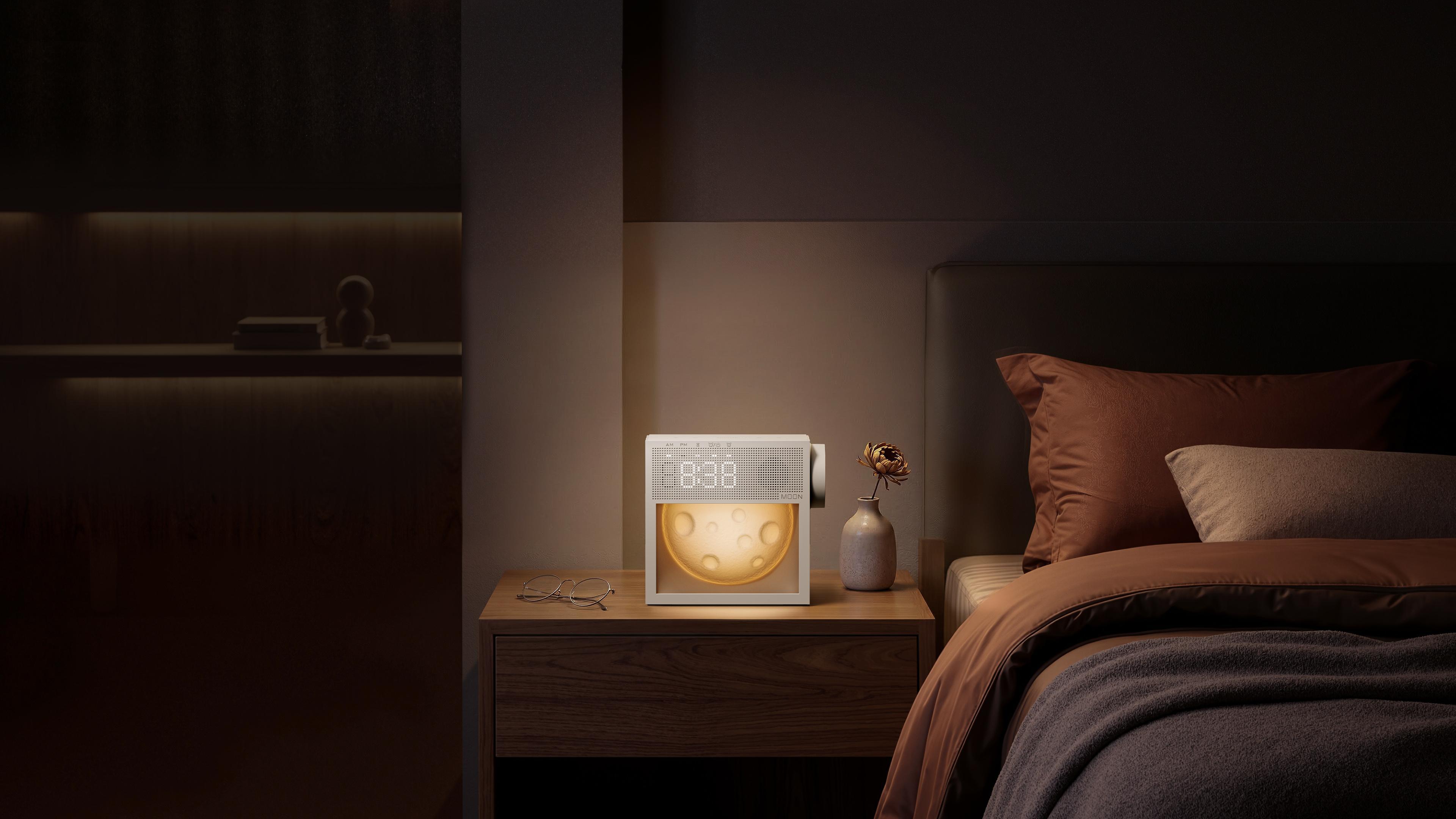 summerwins Multifunctional USB-Powered Bedside Alarm Clock - Car Interior Accessory Decor, 3D Moon Shape Night Light, 20 White Noise Sleep Aid for Adults, Dimmable Warm Light, Dual Alarm & Snooze, Comfortable Sound Machine, 1×User Manual