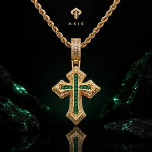 Gold Green Cross Pendant Necklace for Men Women, Iced Out Rhinestone Cross Necklace with 24 Inch Rope Chain, Hip Hop Streetwear Jewelry, Christian Faith Pendant Gift y2k