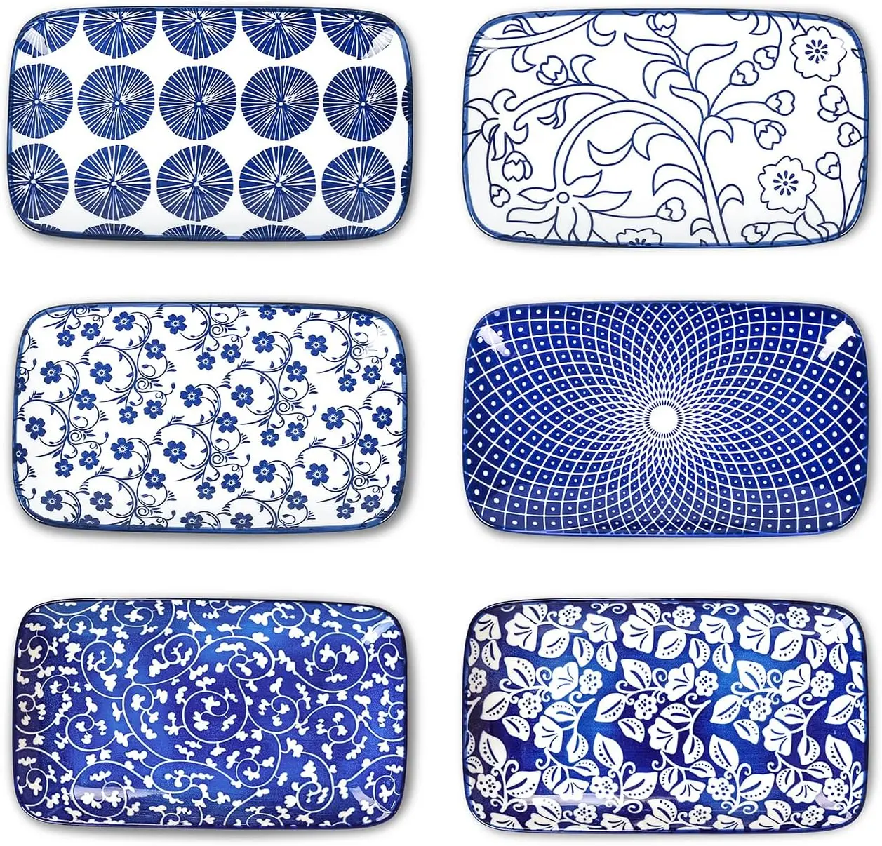 Rectangular Salad Plates, 7.1 Inch Dessert Plates Ceramic, Small Plates for Appetizer, Snack, Sushi, Fruit, Set of 6,  Blue
