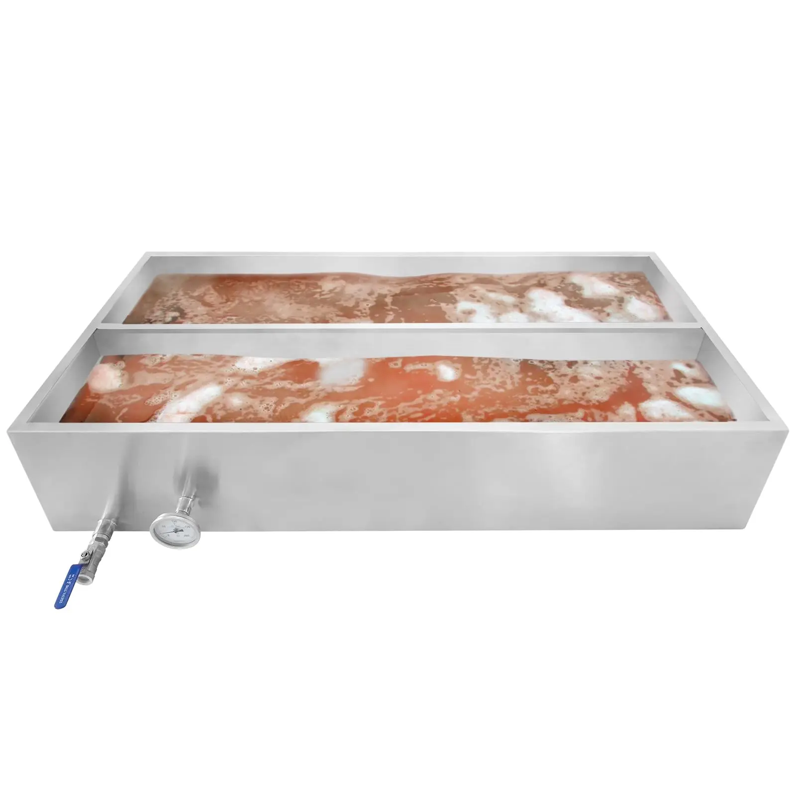 【GARVEE】Stainless Steel Maple Syrup Evaporator Pan available in 48x24x9.4 inch and 24x24x9.4 inch sizes, featuring a built-in thermometer and 3/4" throttle valve for efficient boiling and sweet maple syrup production.