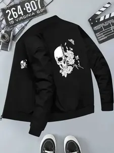 Men's Skull Rose Graphic Zipper Jacket, Casual Drop Shoulder Long Sleeve Coat, Fitted Daily Wear Outerwear for All Seasons, Casual Comfy Jacket