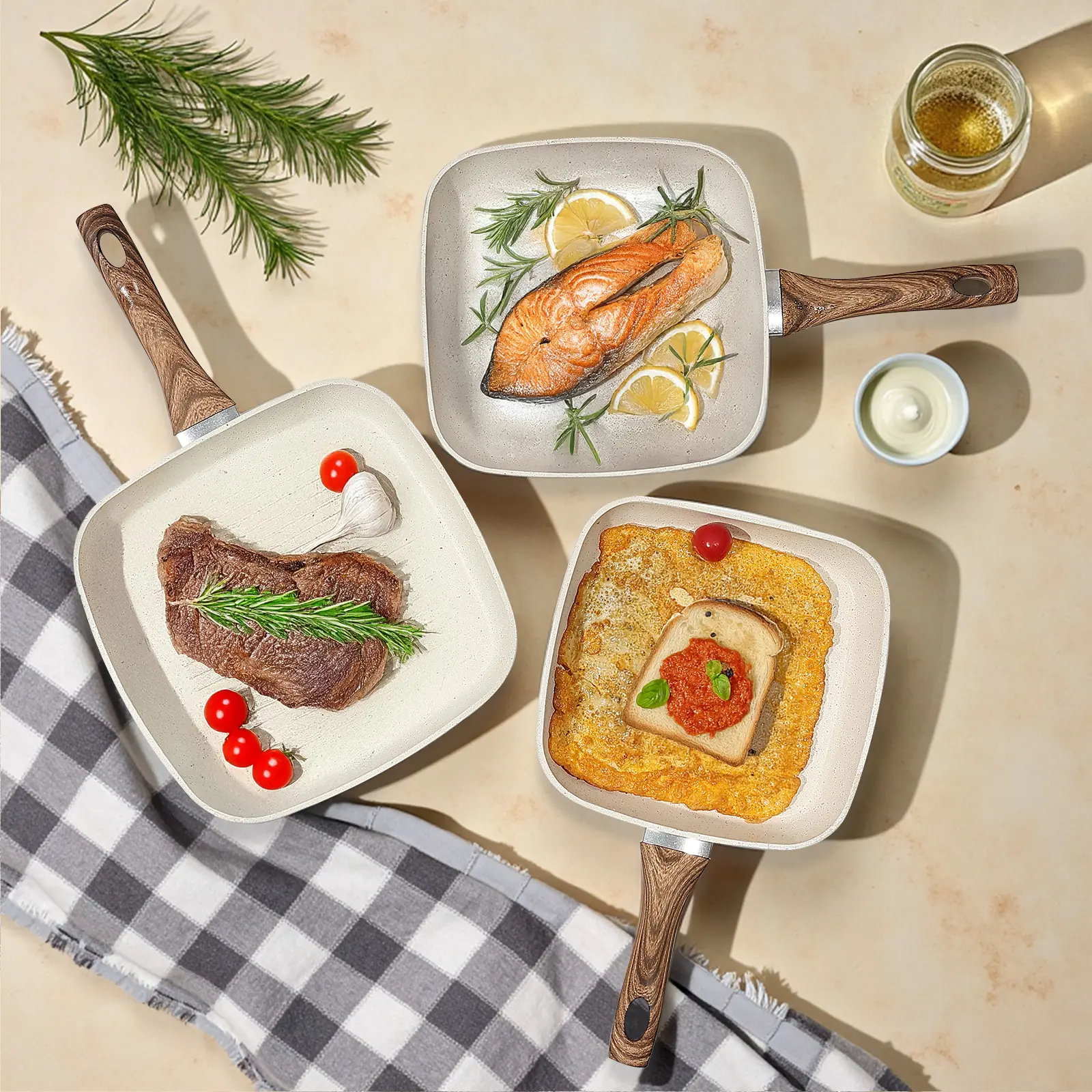 Beige 3 Piece Nonstick Grill Pan Set, Square Skillet Combo with Stay-Cool Handle & Easy Clean Design | #HomeKitchen #CookingEssentials#NonstickCookware