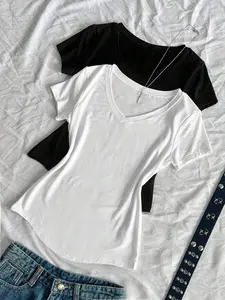 2-Pack Sexy V-Neck Slim Fit T-Shirts, Casual Short Sleeve Tops, Plain Design, Summer Fashion Essentials, Trendy Basic